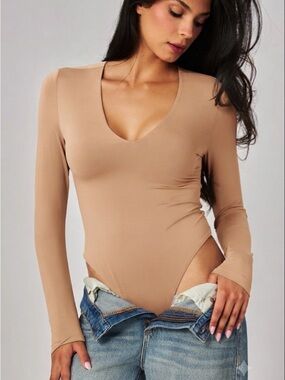 Victoria's Secret Nude Beige V-Neck Long Sleeve Bodysuit